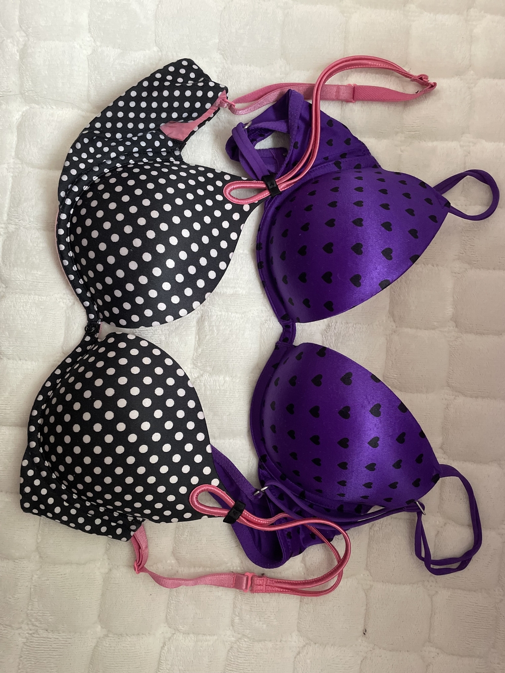 2 PINK Victoria's Secret Purple Bra with Black Heart Print and Pink Strap
